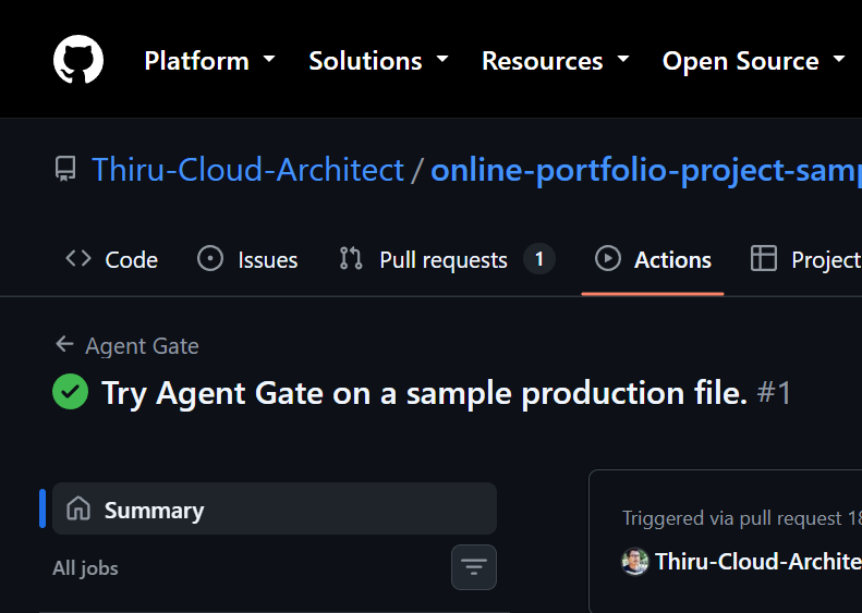 GitHub Actions run with a green check. The job on that run was named gate.