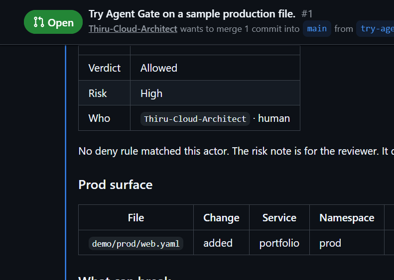GitHub comment. Verdict Allowed, risk High, opened by Thiru-Cloud-Architect, a person. The production file is demo/prod/web.yaml.